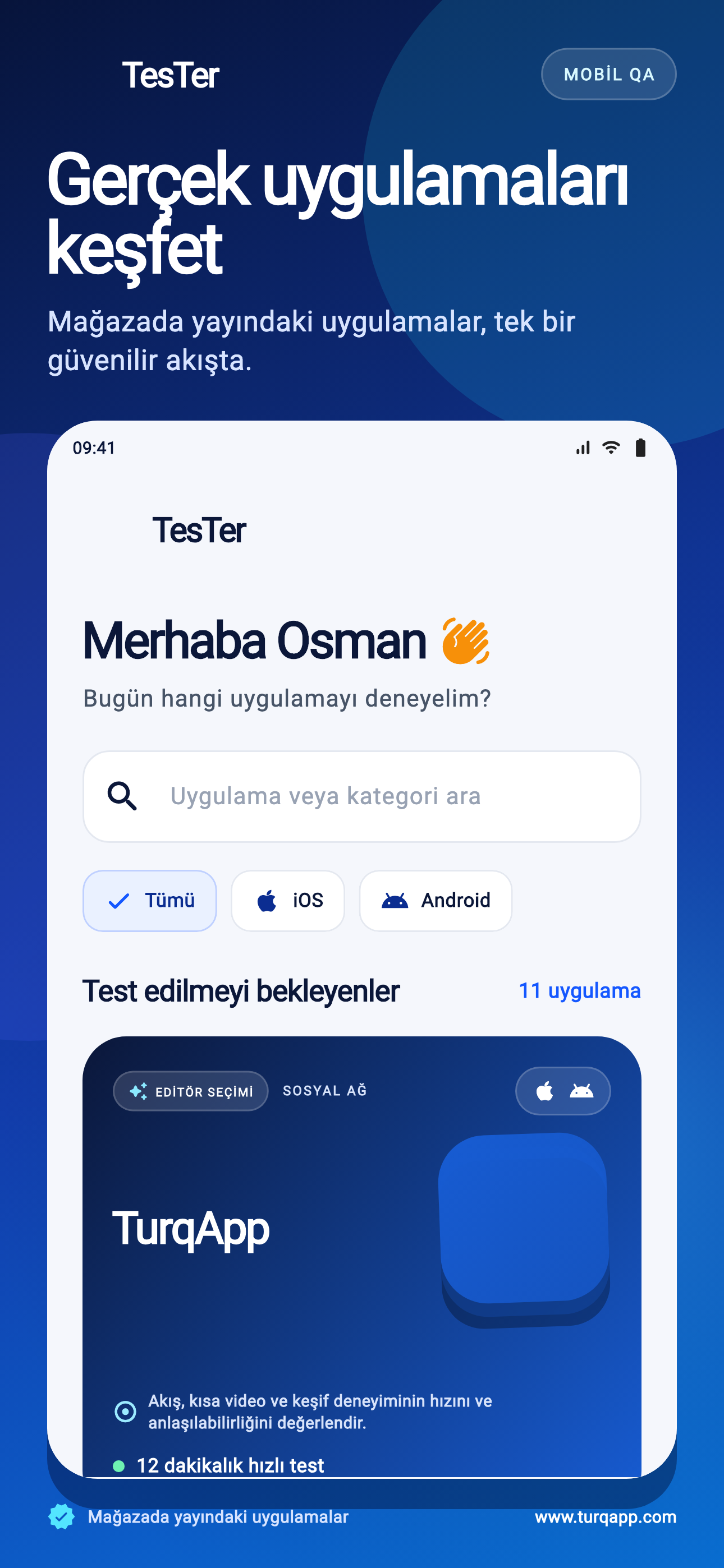 TesTer uygulamasında test edilecek uygulamaları keşfetme ekranı